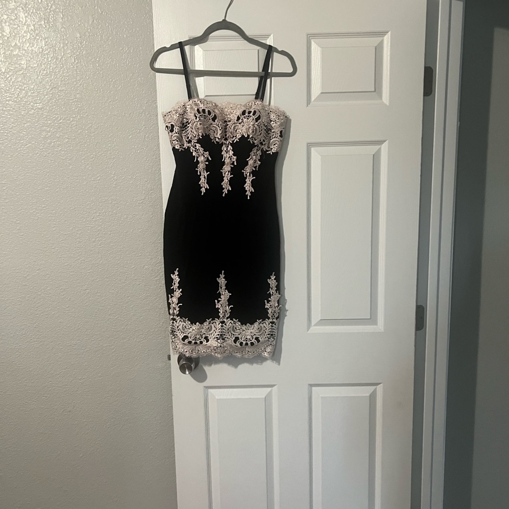 Haute Monde Black Midi Dress with Blush Lace Appliqué